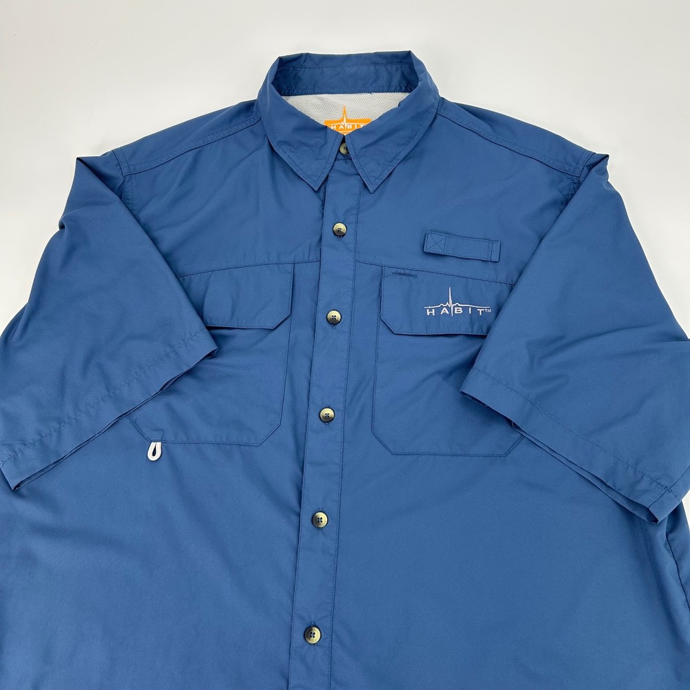 Habit Mens Fishing Shirt 30+ Solar Factor Short Sleeve Blue Vented Button Up Lg